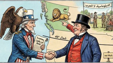 كاريكاتير يجسد الدبلوماسية الأميركية البريطانية في ترسيم حدود أوريغون عام 1846 (تصميم خاص شبكة نجد).