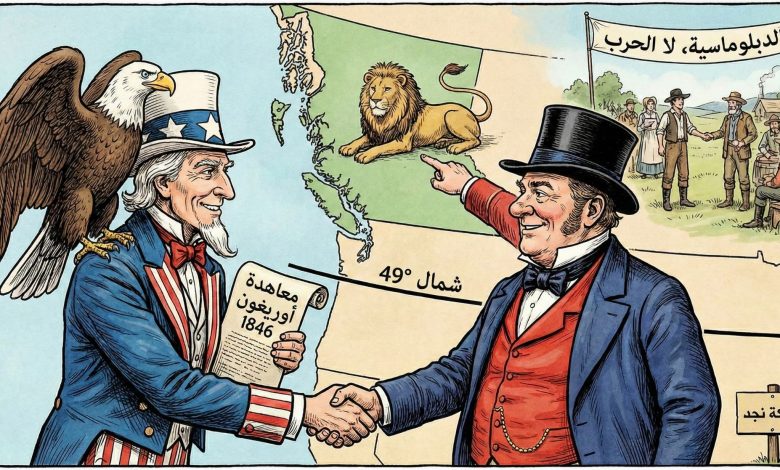 كاريكاتير يجسد الدبلوماسية الأميركية البريطانية في ترسيم حدود أوريغون عام 1846 (تصميم خاص شبكة نجد).
