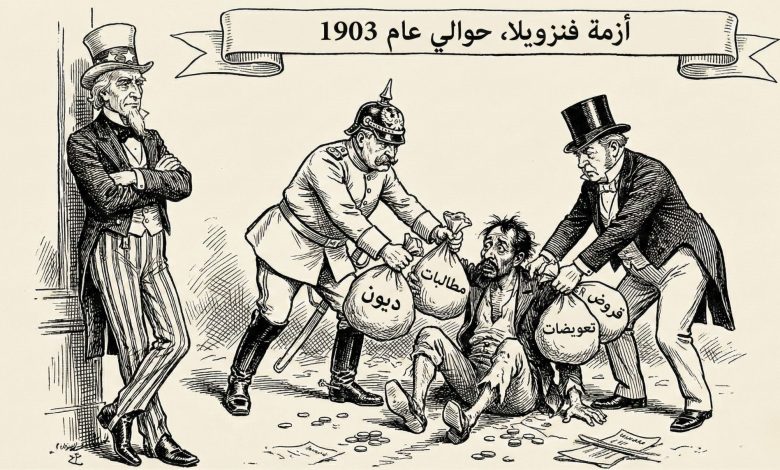 كاريكاتير يجسد أطماع ألمانيا وبريطانيا في فنزويلا تحت أنظار العم سام.